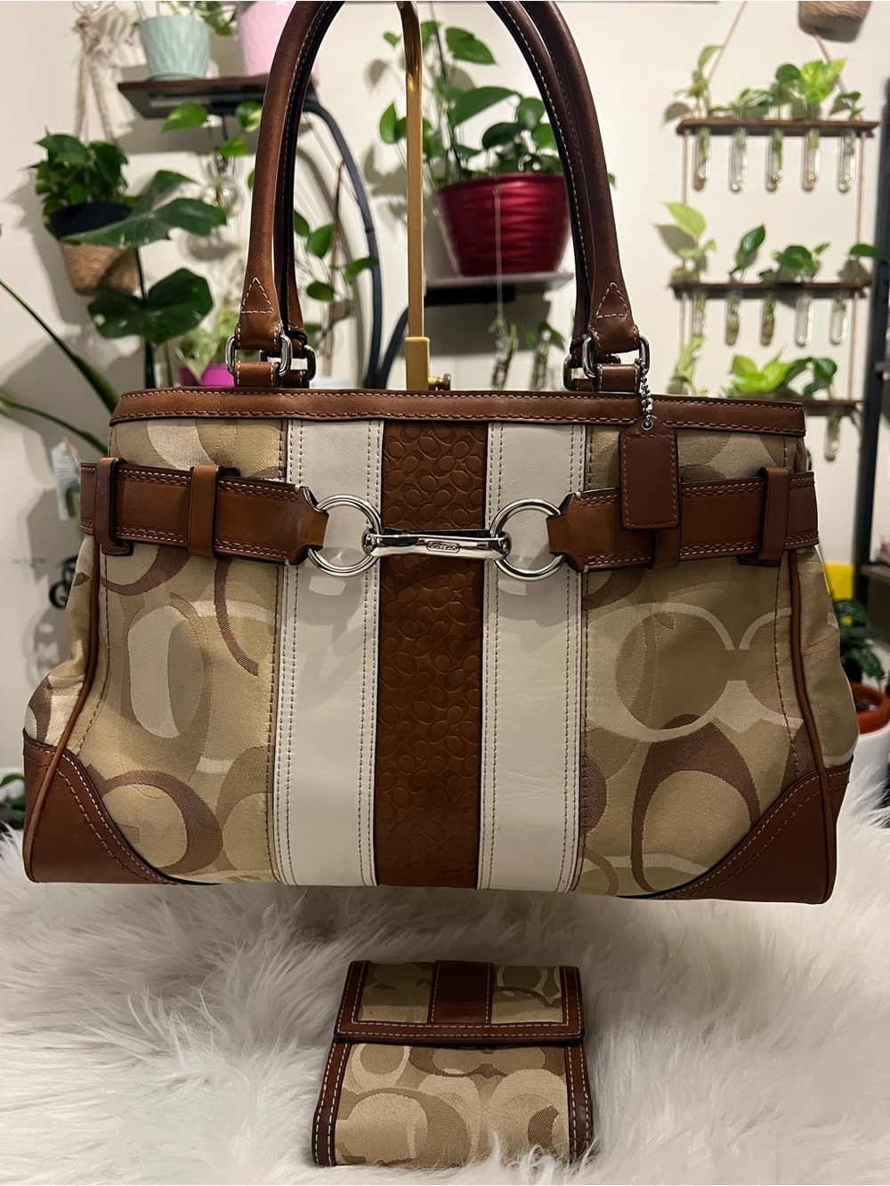 Coach Brown, Beige & Cream Signature Stripe Satchel with Silver Hardware